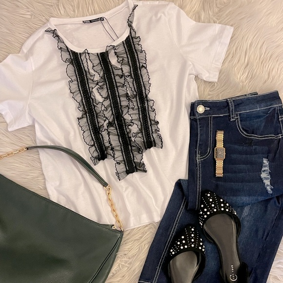 Zara Tops - NWT | ZARA | White tee with black lace
